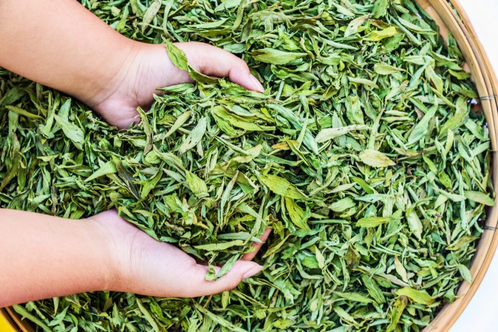 stevia leaves in a basket